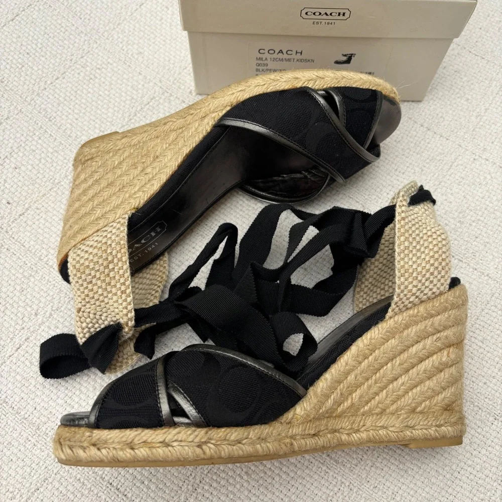 Women's 8 COACH Mila Vintage Black Pewter Espadrille Wedge Lace Up Sandals
